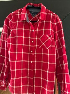 Tommy Hilfiger Red & White Plaid Long-Sleeve Shirt, 100% Cotton, Sz; S